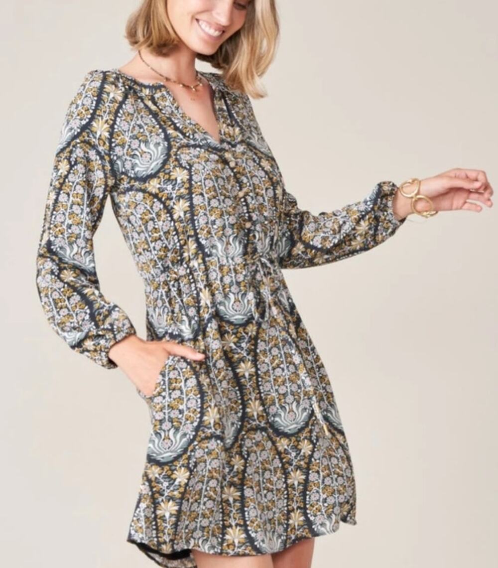 Spartina 449 Catalina Dress Womens XL Navy Floral Paisley Pockets Long Sleeve